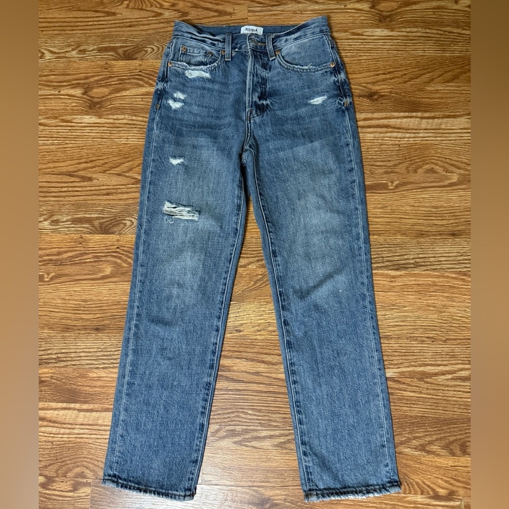 PISTOLA Charlie High Rise Distressed Straight Jeans Womens 25